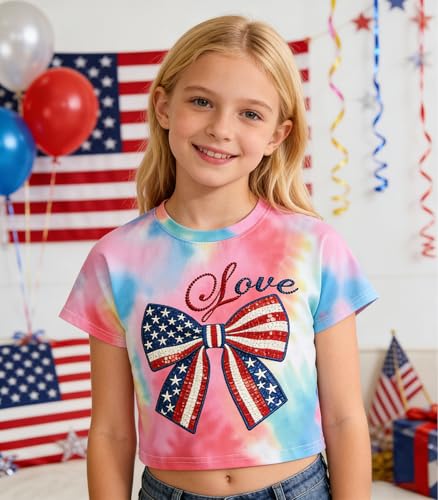 Image of Tkria Girl Crop Tops July 4th Crewneck Tshirt American Flag Patriotic USA Flag Girls Outfit Clothes Size 6-14