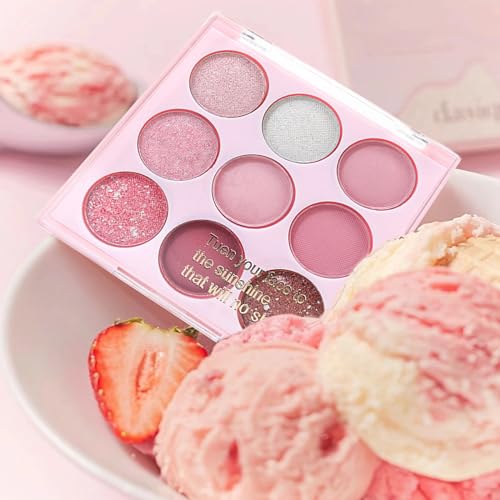 Pink Eyeshadow Palette Make-Up Palettes, Shimmer Eye Shadow Pallets for Women, Glitter Eyeshadow 9 Colour Nude Natural, Waterproof Long Lasting Highly Pigmented with Brush - Image 8