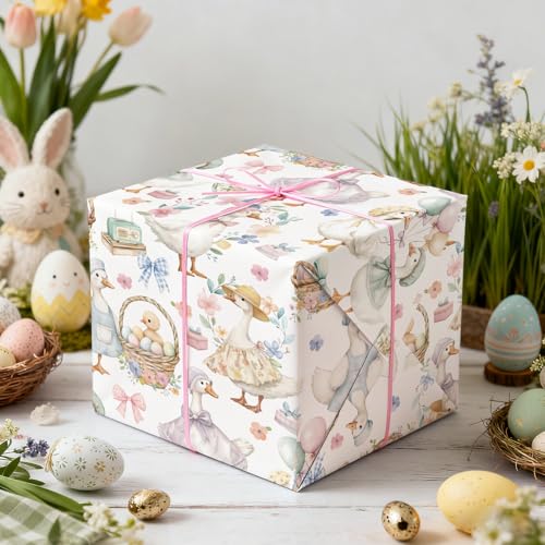 RUSPEPA Geschenkpapierrolle „Lustige Gans“ Für Ostern – 43,2Cm X 5M – Geschenkpapier Mit Aquarellblumen, Ei, Schleife Und Lustiger Gans, Perfekt Für Ostern, Frühling, Kindergeburtstage Und Babypartys