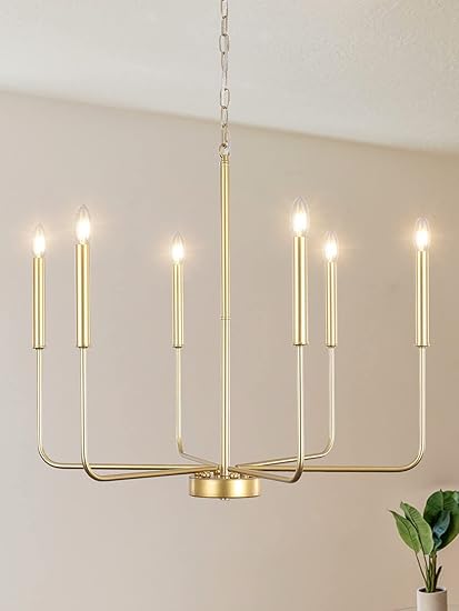 WayLuoung Gouden Kroonluchter Verlichtingsarmaturen Plafond 6 Licht Opknoping Moderne Boerderij Kroonluchter voor Eetkamer, Kaars Gouden Hanglamp voor Keuken Eiland Woonkamer Foyer Slaapkamer