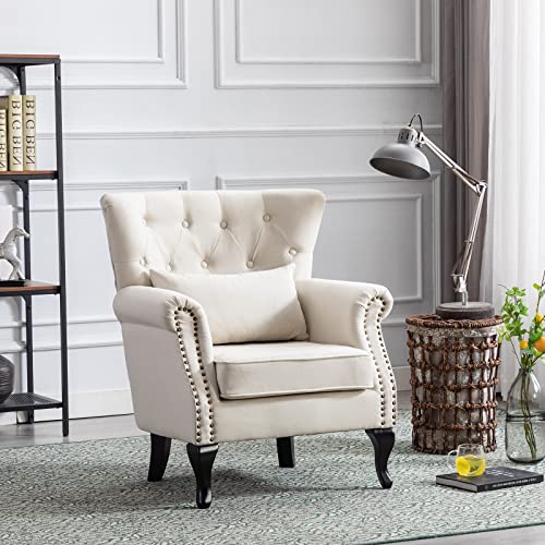 Accent-Reading-Arm-Chairs-Set-of-2-for-Living-Room-Bedroom-Midcentury-Modern-Comfy-Corner-Sofa-Chair-Wingback-Waiting-Room-Club-Chair-with-Button-Tufted-Back-Lumbar-Pillow-Linen-Beige Accent Reading Arm Chairs Set of 2 for Living Room Bedroom Midcentury Modern Comfy Corner Sofa Chair Wingback Waiting Room Club Chair with Button Tufted Back Lumbar Pillow Linen Beige