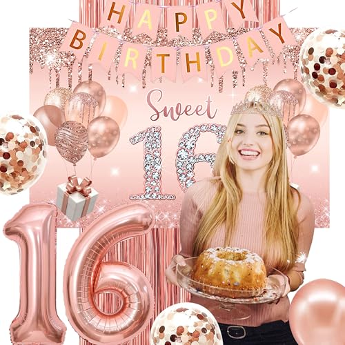 Image of Sweet 16 Birthday Decorations for Girls, banner,Backdrop, it's my 16th Birthday Sash, Sweet Rhinestone Tiara Crown,Balloons