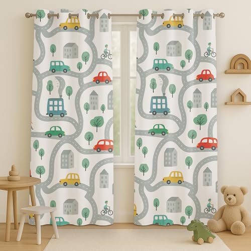 Image of STITCHNEST Velvet Kids Curtains Pack of 1 | City Road & Car Print | Semi Blackout Curtains for Nursery, Toddler Bedroom & Playroom | 7 Feet