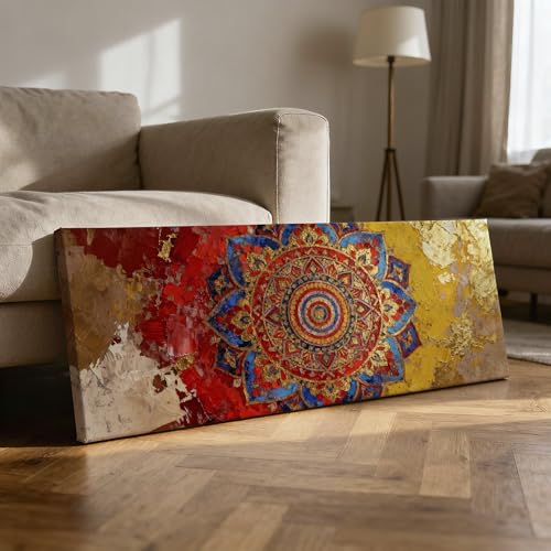 Image of SoulAbiti Rajasthani Mandala Fresco Unframed 36x14 inches Rolled Canvas Wall Contemporary Art UV Print Painting for Living Room, Bedroom & Office Decor Premium Gloss Vivid Fade-Resistant Print