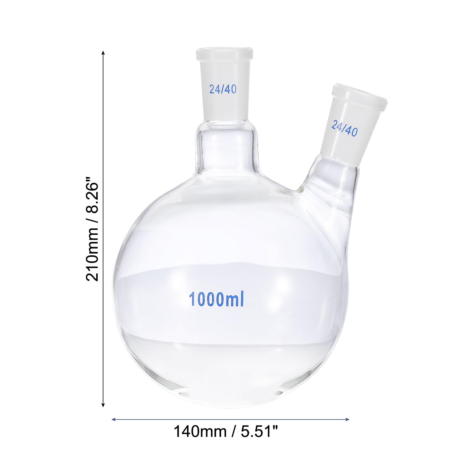 PATIKIL Pallone Da Laboratorio In Vetro Borosilicato 3.3 Da 1000ml A Doppia Collo Con Fondo Tondo Pareti Spesse E Attacco Standard 24/40 Esterno, Trasparente
