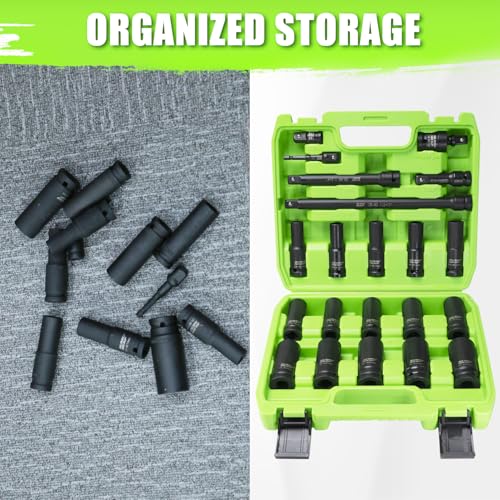 Image of SUNHZMCKP 1 /2 inch Socket Set, 21pcs Drive Deep Impact Socket Set, 6 Point Standard Metric Sockets (10mm - 24mm), Including 3 inch, 6 inch, 10 inch Impact Extension Bar and Drill Socket Adapter, Cr-MO