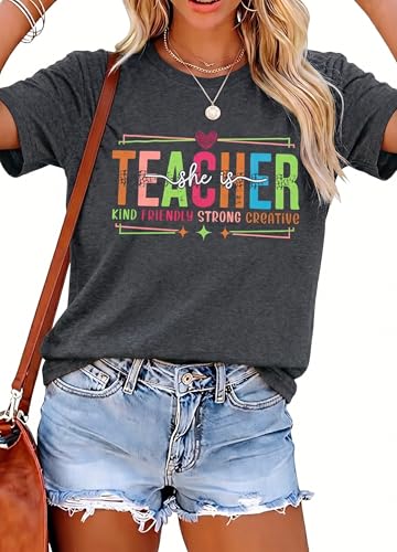 Image of Teacher Shirts Women Teach Print Graphic Tees Kindergarten Elementary Teaching Life Shirts Back to School Tees Tops