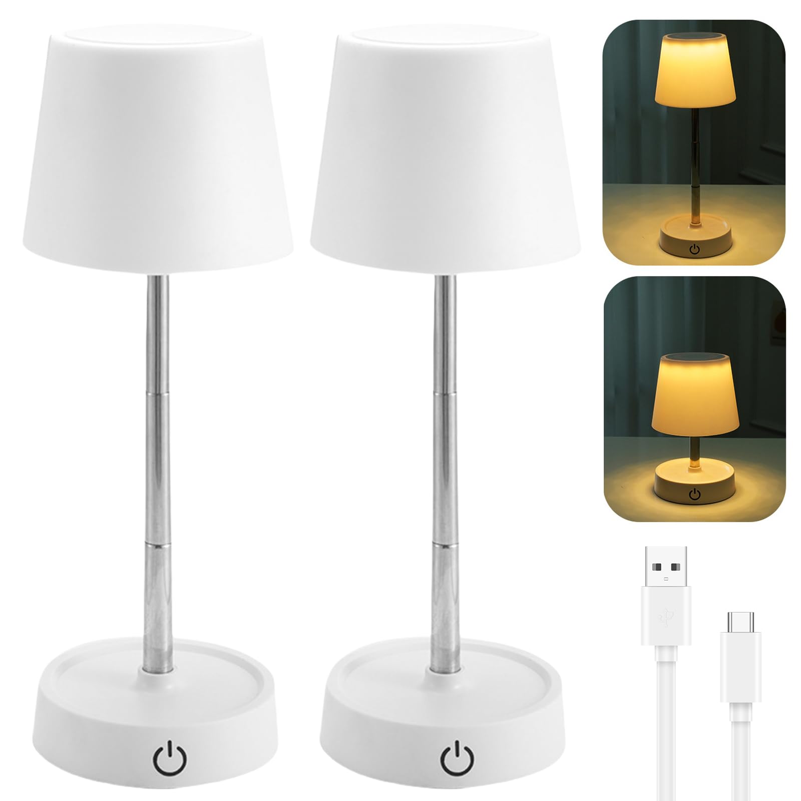 WIYETY Lámpara de mesa LED con batería USB recargable, 2 unidades, telescópica, lámpara de mesa, lámpara de mesa, lámpara de noche, luz blanca cálida, lámpara de noche táctil para mesita de noche,