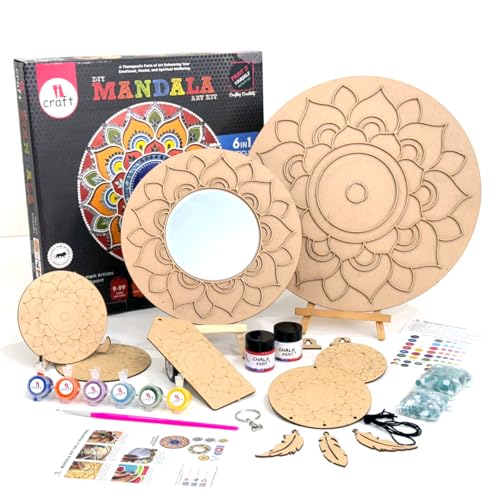 Image of iCraft Mindful Mandala Art Kit for Adults & Teens - 6 DIY Projects, 12 inch Canvas, Mirror, Coasters & More - Therapeutic Craft Gift, Multicolor