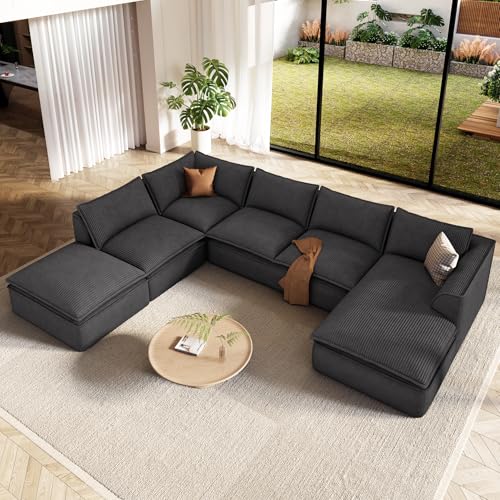 Image of Vesgantti 141.7 inch Oversized Boneless Sectional Couch, Modern 7 Seater Modular Sofa with Chaise & Ottoman, Deep Seat Convertible Corduroy Cloud Couches for Living Room, No Assembly Required, Black
