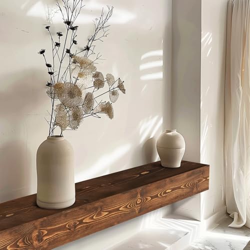 YLYHSST 60\" Fireplace Mantel, 5\'\' Thick Handmade Hollow Solid Wood Wall Long Floating Shelf with Invisible Wood Brackets, Brown - Thumbnail 7