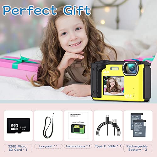 Digital Camera For Photography Nikicam 4K 64Mp Vlogging Camera For Youtube With 32Gb Sd Card, Selfie Dual Screens Point And Shoot Camera With Wifi, 16X Zoom Compact Camera For Beginners-Yellow2 #TOP1