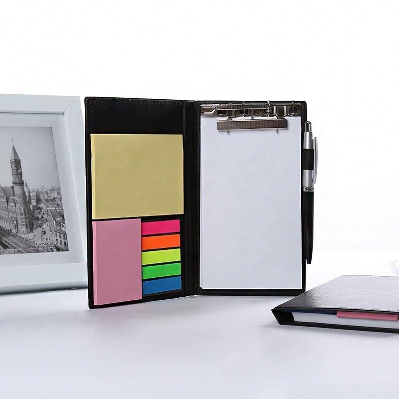 Image of AccuPrints Premium Leather Note Pad /Memo Book | Size 19 x 11 cm | with Sticky Notes & Clip Holder with Pen for Gifting Multi Size Sticky Notes Diary Style