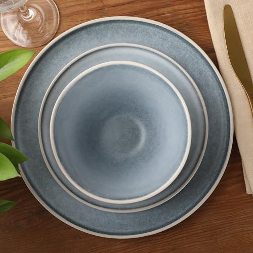 Image of Gibson Elite Coastal Forest Plates and Bowls Sets, 12-Piece Stoneware Dinnerware Sets, Triple Reactive Glaze Dish Set - Blue and Cream White