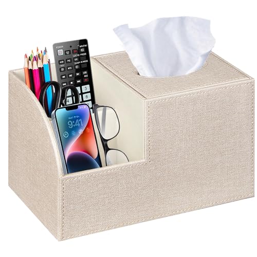 PU Leather Square Tissue Box Cover - Multi-Functional Tissue Box Holder, Tissue Box Cover with Storage,Tissue and Remote Control Holder, Cube Tissue Box Organizer Bedroom Nightstand End Table