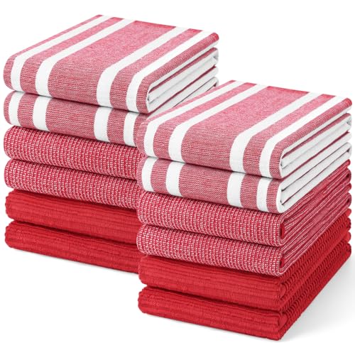 Image of Homaxy Premium Kitchen Towels(18 inchx 28 inch, 12 Pack), Large Cotton 380 GSM Kitchen Hand Towels, Soft and Absorbent Terry Dish Towels, Multipurpose Tea Towel Set with Hanging Loop, Red