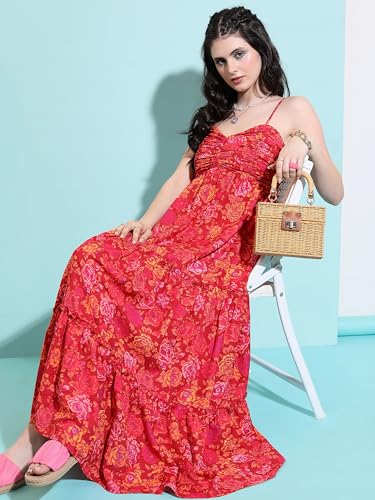 Image of Tokyo Talkies Womens Shoulder Straps Floral Printed Maxi Dress | Tiered & Ruched | Perfect for Vacations, Brunches & Summer Outings | Dress for Women | Women Dress | Stylish Women Dress