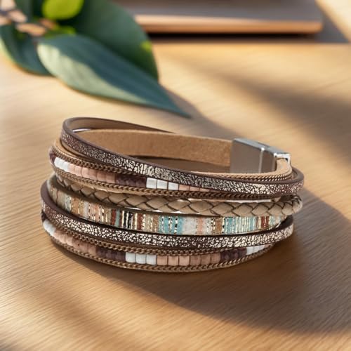 Leather Wrap Bracelets for Women, Colored Bracelets,Boho Leopard Multi-Layer Crystal Beads Cuff Bracelet Jewelry