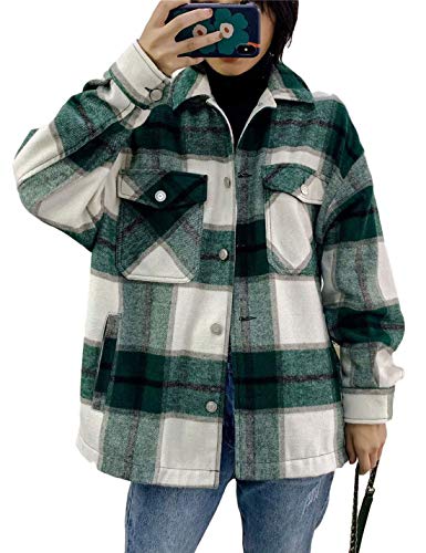 Tanming Womens Brushed Flannel Plaid Lapel Button Short Pocketed Shacket Shirts Coats (01 Green, XL)