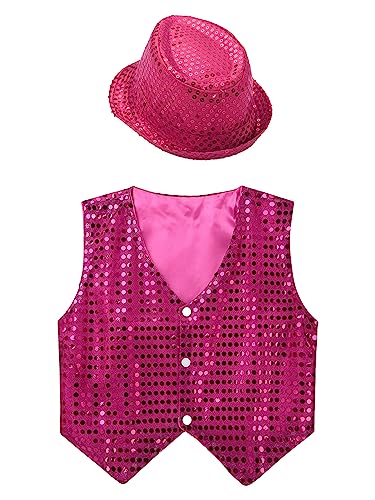 Kids Boys Glittery Sequined Jazz Street Dance Shirt Coat Sleeveless Vests Jacket Waistcoat with Hat3