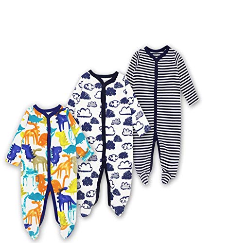Baby Footed Pajamas Sleeper 3 Packs Infant Girls Boys Cotton Long Sleeve Jumpsuit Newborn Sleepwear Romper Bodysuit Dinosaur+Cloud+Stripe