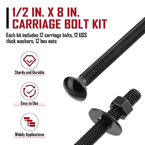 Image of SPARKWHIZ 1 /2 x 8 Inch Carriage Bolt Kit,Rust Resistance Bolts Includes 12 Bolts, 12 Washers, and 12 Nuts, Black