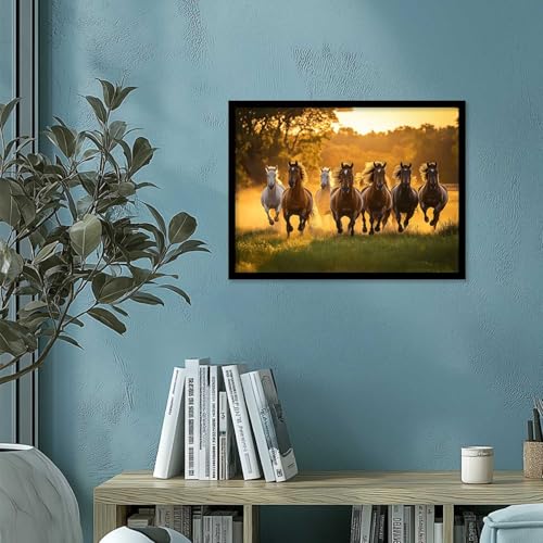 Image of HOTHOUSE Seven Running Vastu Lucky Horse | 7 Horses Vastu Frame Wall Art Painting for Living Room Bedroom Office Home Decor Rising Sun Painting Wall Decor Size (13X17 inch)