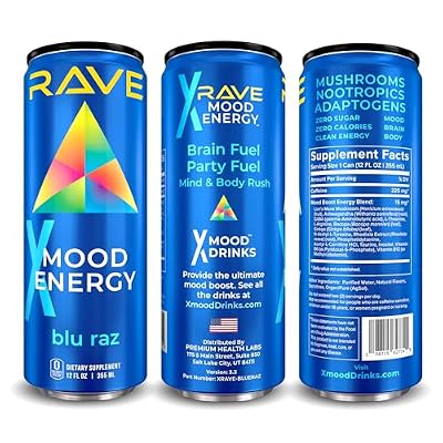 RAVE Mood Energy Drink is Mind Blowingly Different. With Mood-Boosting Functional Mushrooms, Nootropics, Adaptogens & B Vitamins. Experience Mind & Body Rush! 225mg Caffeine - Electrolytes - Zero Calories - 6 Delicious Flavors - 12 fl oz 12 Pack