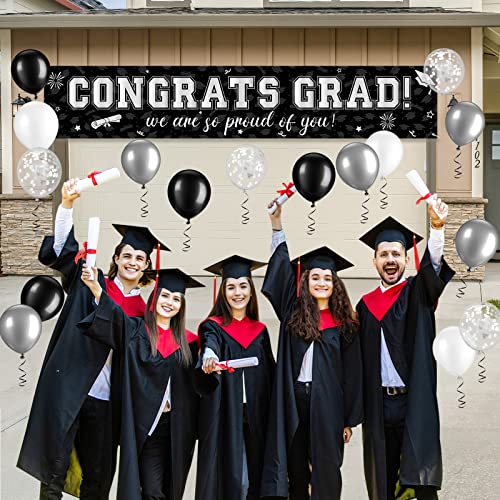 Image of 37Pcs Graduation Banner Balloon Decorations Class of 2026, Congrats Grad Banner Yard Outdoor Decorations, Graduation Balloons Banners Set for High School College Grad Party Supplies, Black Silver