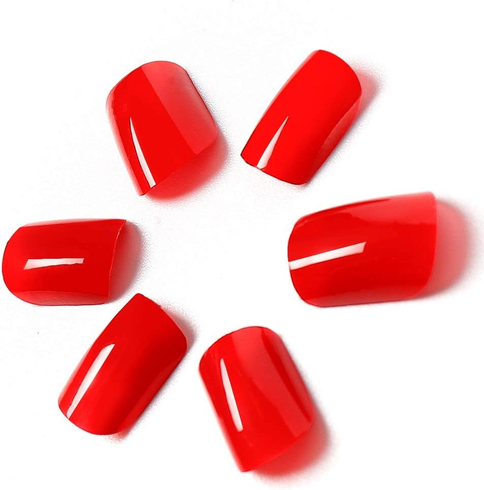 LIARTY 24 Pcs False Nails with Glue Stickers 12 Sizes Solid Red Square Fake Nail Tips