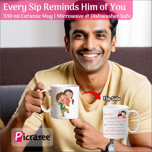Image of PICRAZEE Rakhi Gift Combo for Brother with Mug, Rakhi, Card, Tika, Fridge Magnet & Keyring (D24)