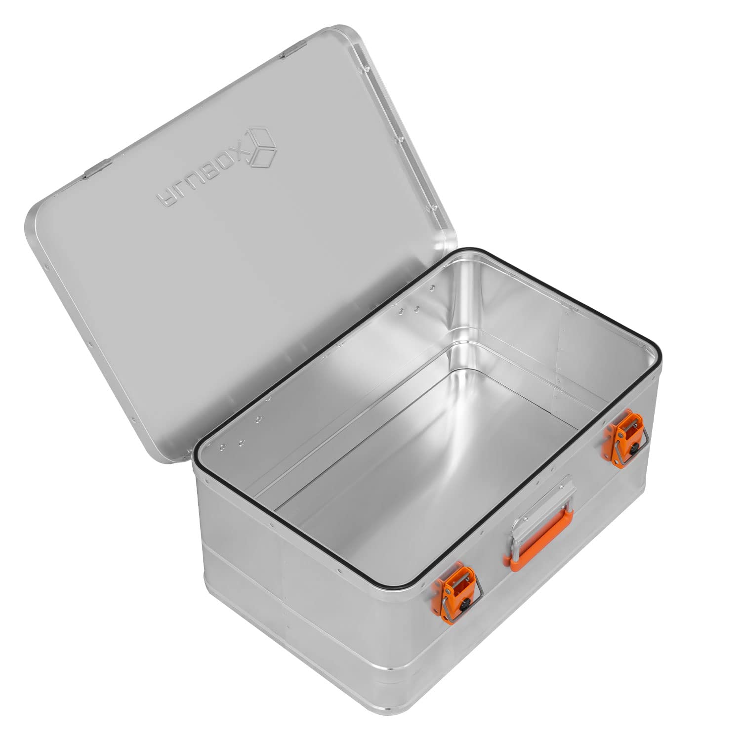 Alubox Werkzeugtruhe Werkzeugkoffer EASY 40 Liter silber Alu glänzend - orange Schnallen - Frontgriff - Außenmaße L 56 x B 37,5 x H 24 cm