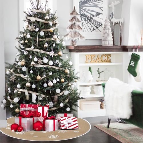 CxutSa Weihnachtsbaum Rock Leinen Weihnachtsbaumdecke mit Weiße Schneeflocke Gedruckt Weihnachtsbaumdecke Rund 120cm Weihnachtsbaumrock Weihnachtsbaum Teppich für Weihnachten Deko