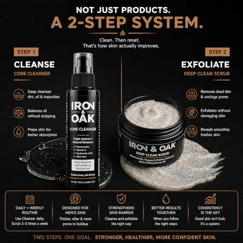 Image of Iron & Oak Men's Face Wash & Face Scrub Combo | Deep Cleansing Cleanser + Exfoliating Scrub for Men | Removes Dirt, Oil & Dead Skin | Tan Removal | Daily Use Value Pack | Pack of 2