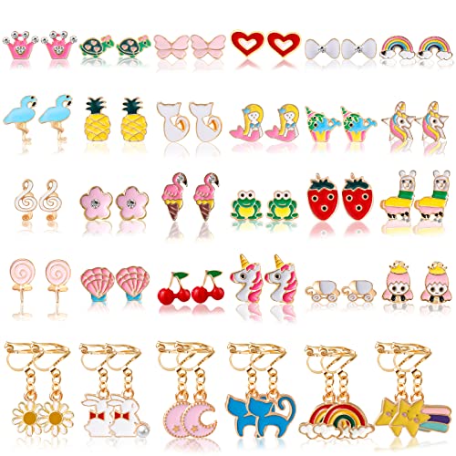 Image of Kids Clip On Earrings for Girls 20 /30 /40 Pairs Hypoallergenic Clip on Earrings for Kids Cute Animal Earrings for Little Girls Jewelry Set Party Favor Gift