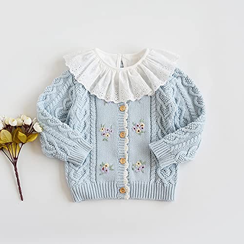 Baby Girls Cable Knit Cardigan Sweater Crewneck Embroider Cardigan Button Warm Jacket Coat For Toddler Blue #TOP2