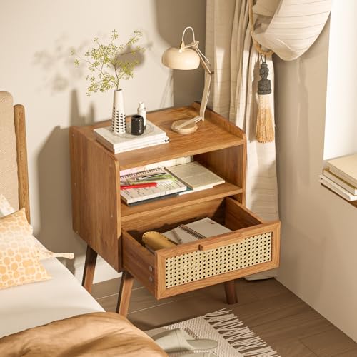 Image of Lerliuo Rattan Nightstand, Side Table with Drawer Open Shelf | Bedside End Table with Solid Wood Legs, Mid Century Modern Night Stand for Bedroom, Dorm and Small Spaces (Tea Brown)