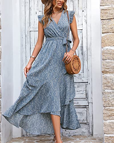 Btfbm Women Summer Dresses 2023 Ruffle Cap Sleeve V Neck Belt Wrap Split Boho Floral Long Casual Party Beach Maxi Dress(Floral Blue, X-Large) #TOP1