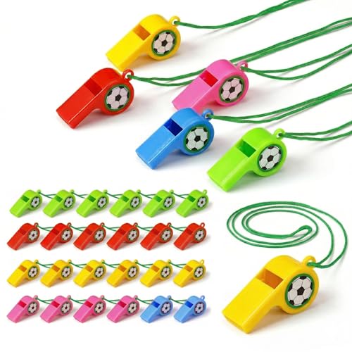 EAVUYIS Lot de 24 sifflets de football, en plastique, jouets pour enfants, sifflets de sport, sifflets de football, entraînement pour enfants, sifflets de sport avec cordon tour de cou