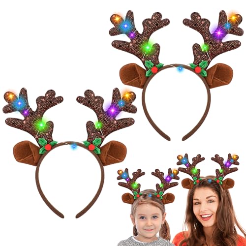 Hifot LED Diadema Navidad 2 Piezas,iluminan Diadema Accesorios Navidad Diadema Reno Cuernos Reno Diademas de Navidad para Fiesta de Navidad