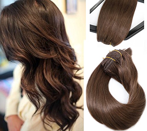 Clip in Hair Extensions Brown Human Hair 7 Pieces 70g Silky Straight Weft Remy Real Hair (20 inches, #4)