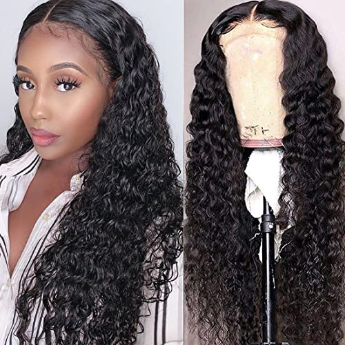 13x4 Deep Wave Human Hair Lace Front Wigs for Black Women HD Transparent Brazilian Virgin Human Hair Wigs Deep Curly Pre-Plucked Bleached Knots Wigs 150% Density 18 Inch