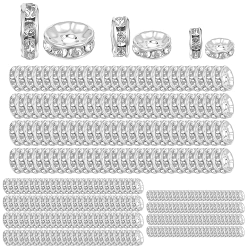 300 Stück Perlen zum Auffädeln,10mm|8mm|6mm Silber Glasperlen, Strass Zwischenperlen, Bastelperlen, Kristall Loose Round Zwischenperlen, Schmuckperlen für Armbänder Schmuck Machen Halskette DIY