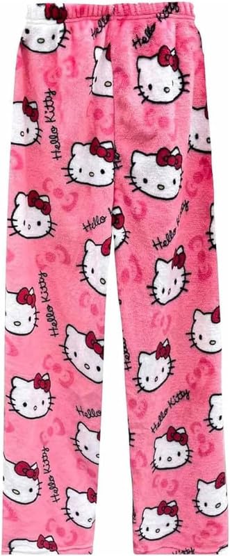HuaiWei Cartoon Cat Pajama Pants Hellow Cat Indoor Pants For Women Girls Cute Cat Flannel Comfy Sleep Bottoms Large