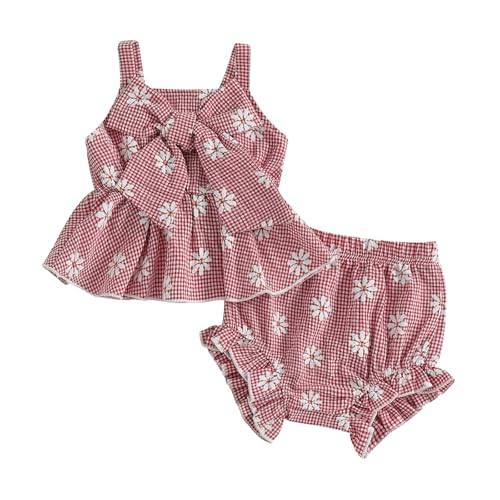 Infant Baby Girls Summer Clothes Daisy Sleeveless Straps Bowknot Ruffle Tank Top and Shorts Set 2pcs Outfit (Red, 3-6 Months)