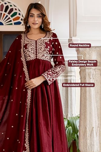 Image of TRENDMALLS Women's Silk Blend Embroidery Sequence Work Anarkali Kurta Pant Set with Dupatta For Women