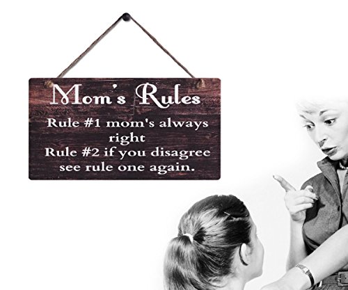 Smarten Arts Rustic Wood Sign Wall Hanging Plaque Vintage Style Mom's Rules Motto Sign Size 11.5" X 6" #TOP4