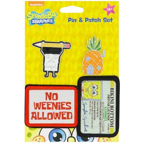 Spongebob Squarepants 4-Piece Pin and Patch Set, Embroidered Applique for Clothes, Dress, Hats, Jeans, Multi
