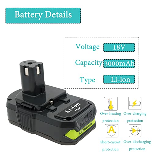 Image of 2Packs 18V Battery and Charger Combo for Ryobi 18 Volt Cordless Tools Battery and P118B Charger, 18V Battery Capacity Output 3.0Ah
