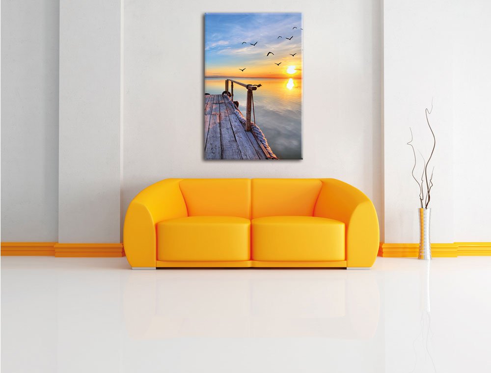Pixxprint Steg mit Möwen bei Sonnenuntergang als, Größe: 120x80cm, Leinwandbild, fertig gespannt, Wandbild, Dekoration, Kunstdruck, kein Poster